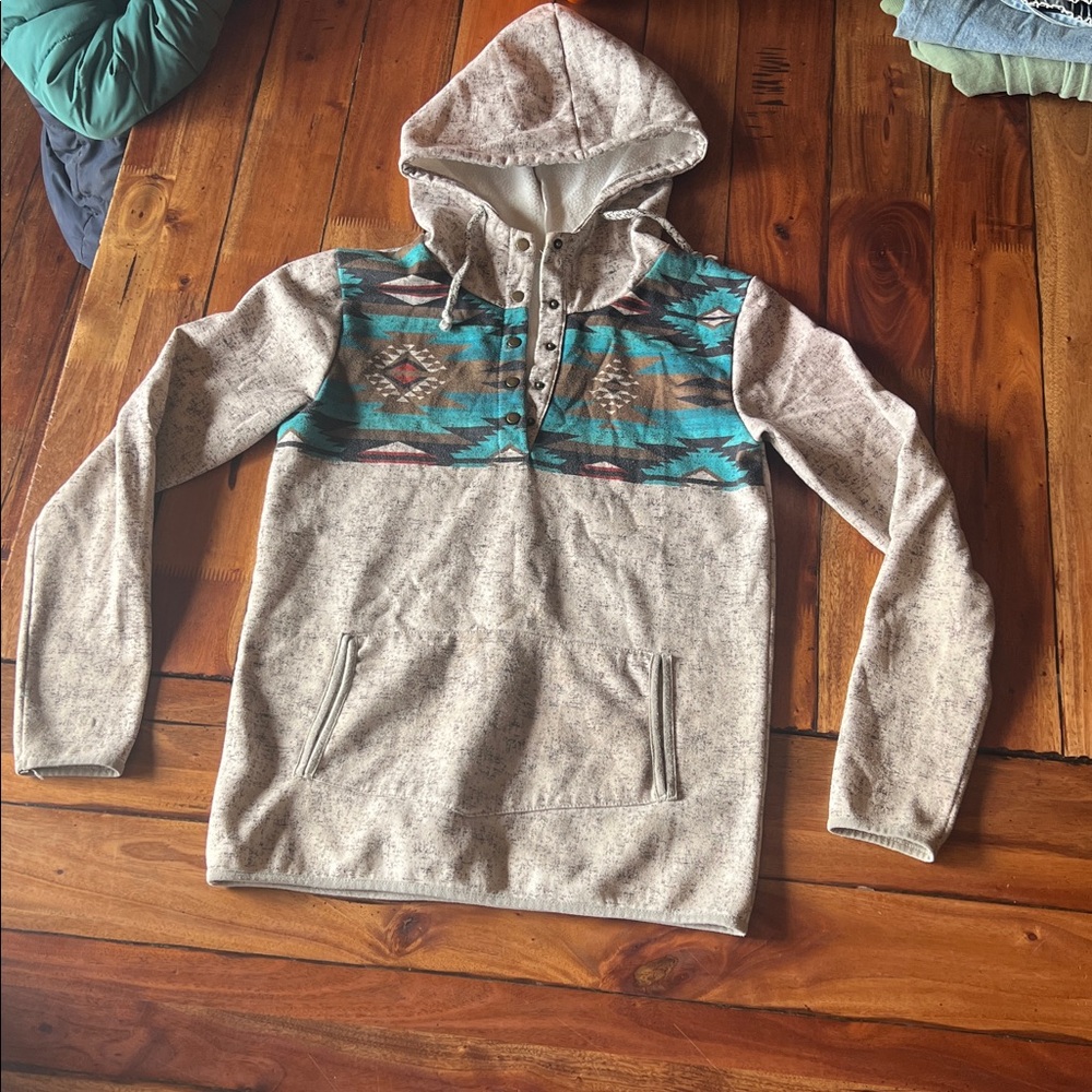 Beige Hooded Pullover with Tribal Pattern